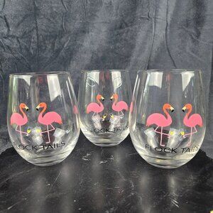 "Flock Tails" Stemless Wine Glasses, Set of 3, Flamingo Graphic on Clear Glass